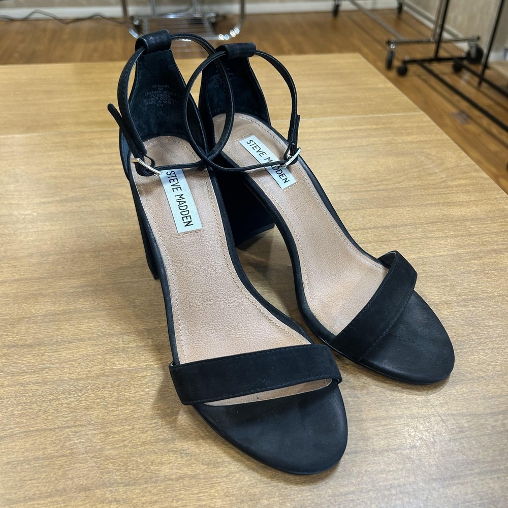 Steve Madden Declair Sandals Womens Size 9 Black Block‎ Heel Ankle Strap Dress